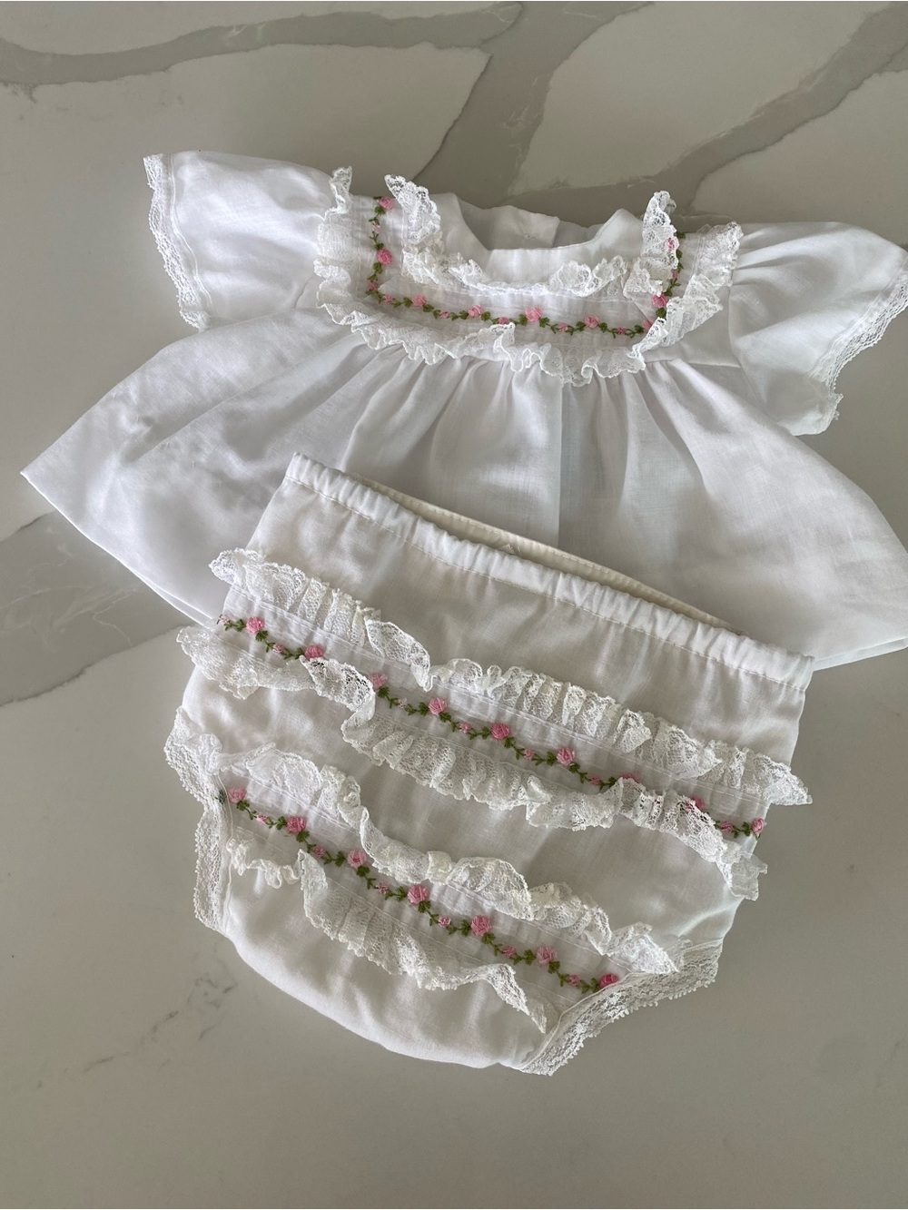 Alexis White Lace Baby Dress & Bloomers with Pink Rose Trim